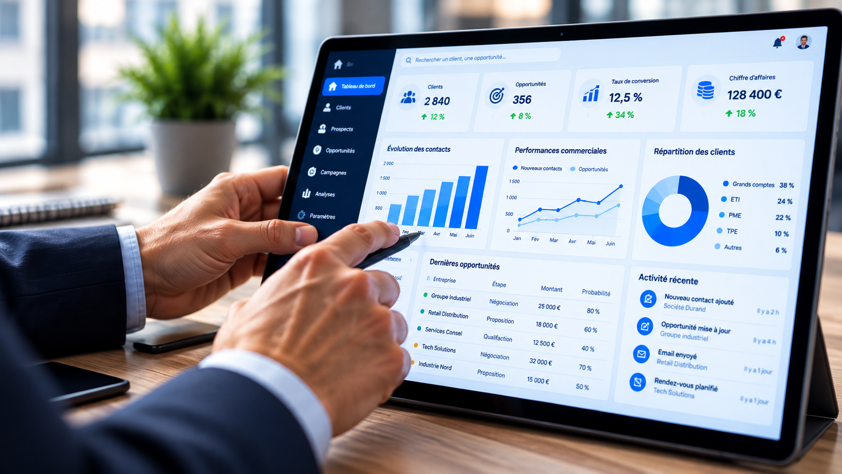 Tableau de bord CRM avec données clients et performance commerciale