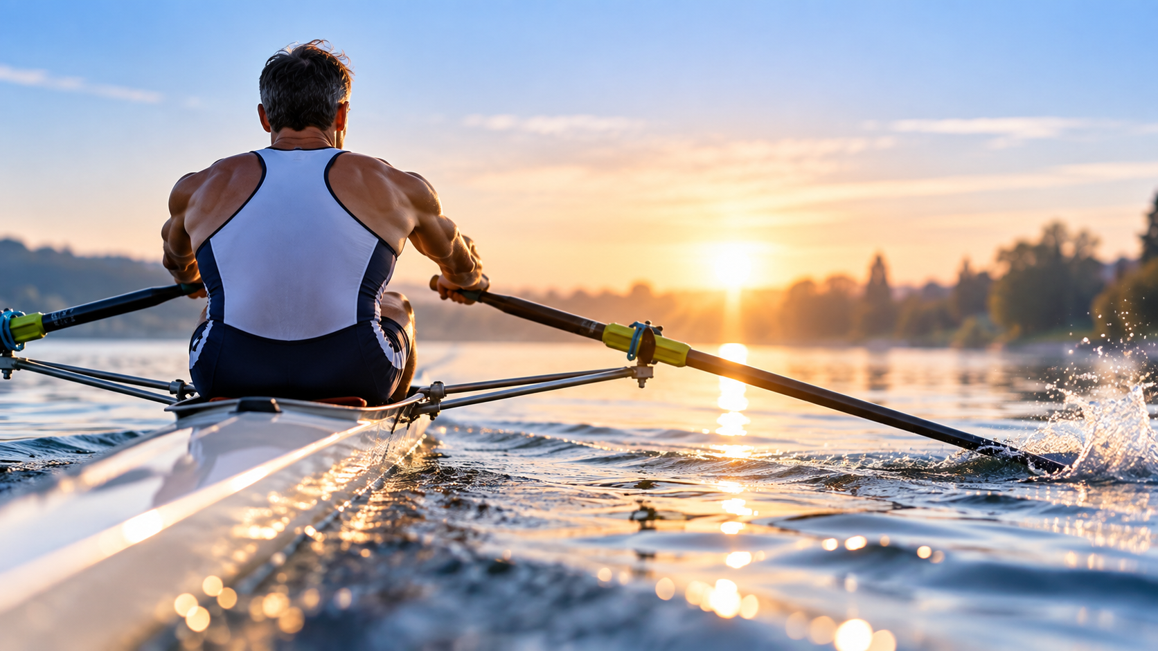 Rameur en aviron au lever du soleil sur un plan d’eau