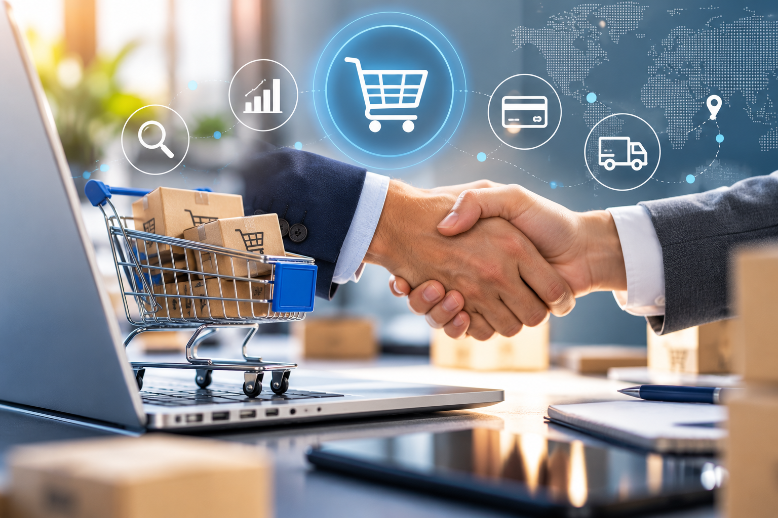 Illustration e-commerce avec panier, paiement et logistique numérique