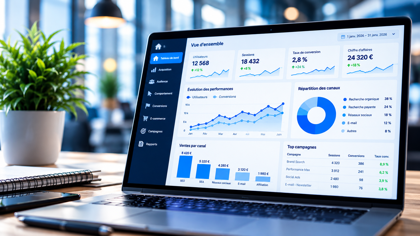Tableau de bord de performance en marketing digital