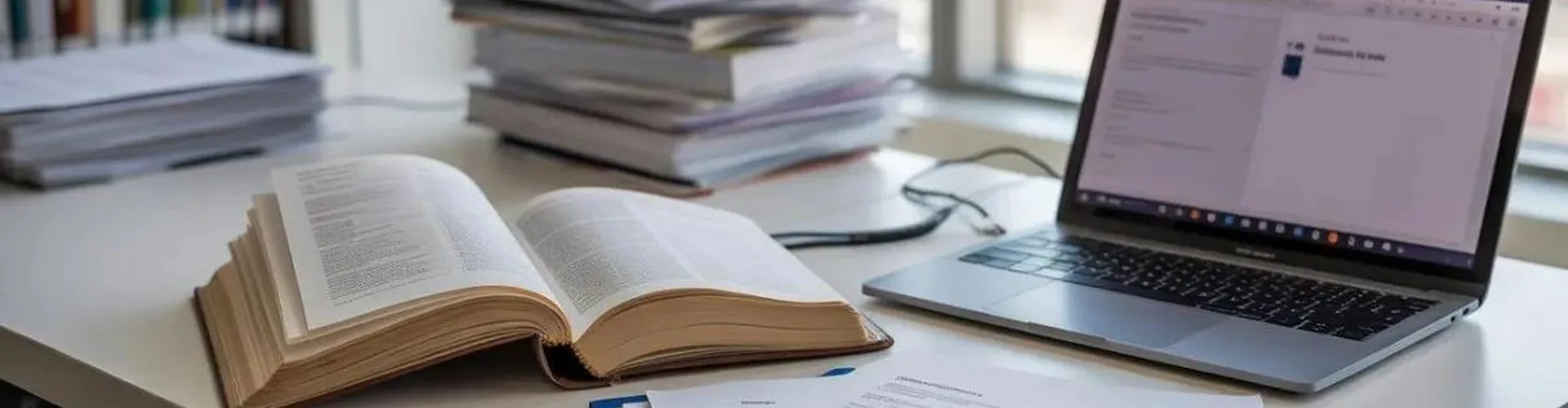 Bureau de recherche avec livres, articles scientifiques et ordinateur