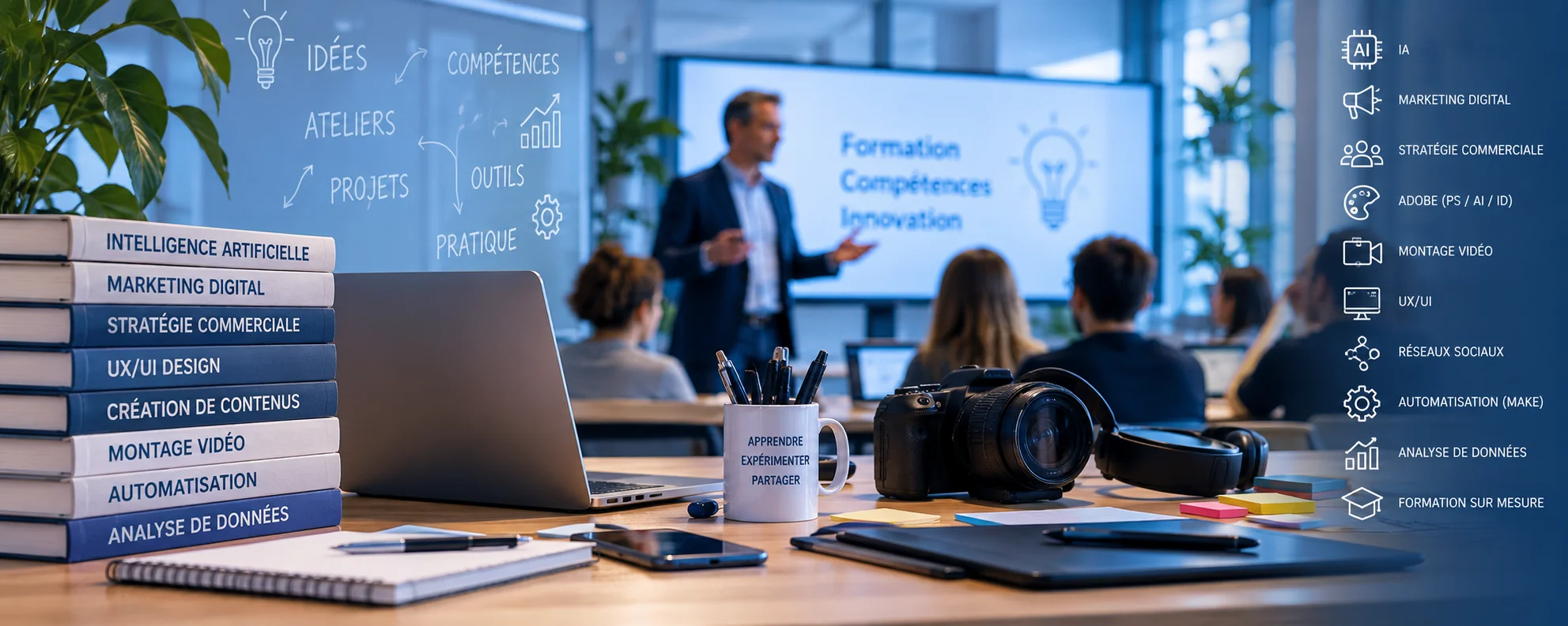 Formations en marketing, IA, UX/UI, création de contenus et automatisation